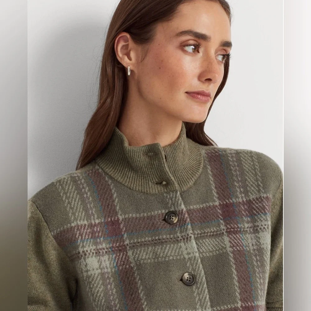 Lauren Ralph Lauren Women Multi Plaid Wool-Blend Coat Jacket Size L Color Sage - Picture 5 of 5